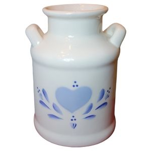 Vtg Lasting Products Inc Ceramic Milk Can W/Blue Heart Vase, Stash Jar Container